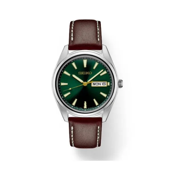 Seiko Gents Essentials Stainless Steel Watch, Green Dial, Leather Band Skaneateles Jewelry Skaneateles, NY