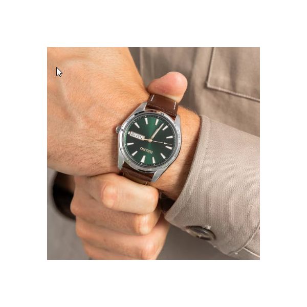 Seiko Gents Essentials Stainless Steel Watch, Green Dial, Leather Band Image 2 Skaneateles Jewelry Skaneateles, NY