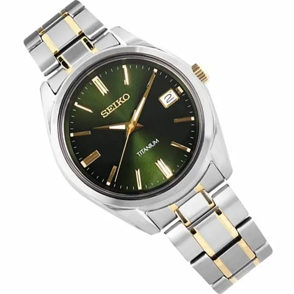 Seiko Essentials Two Tone Titanium Quartz, Green Dial 100m WR Skaneateles Jewelry Skaneateles, NY