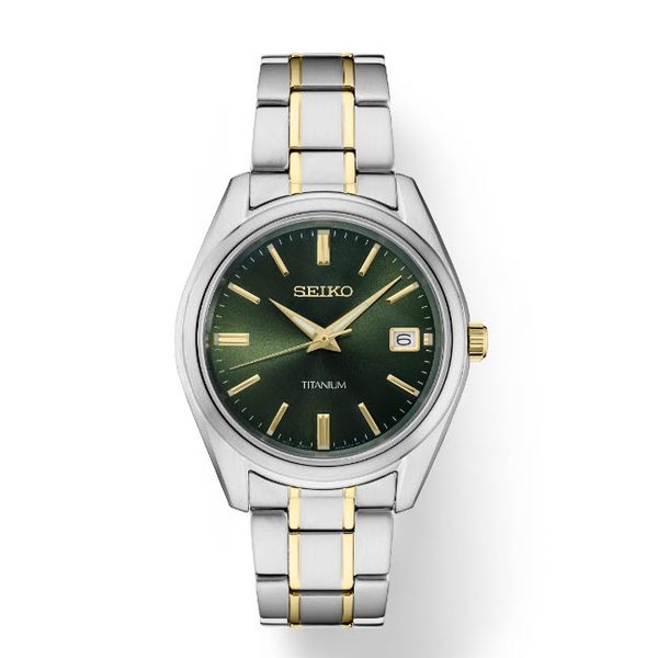 Seiko Essentials Two Tone Titanium Quartz, Green Dial 100m WR Image 2 Skaneateles Jewelry Skaneateles, NY