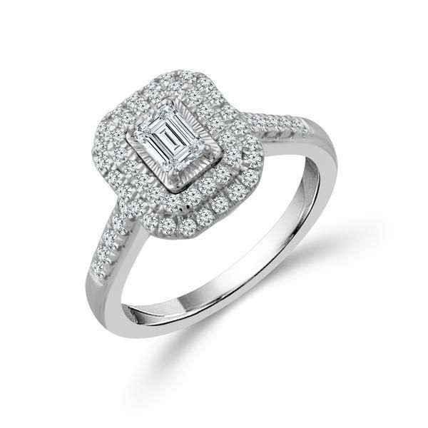 14K White Gold Diamond Halo Emerald Cut Diamond Engagement Ring Confer’s Jewelers Bellefonte, PA
