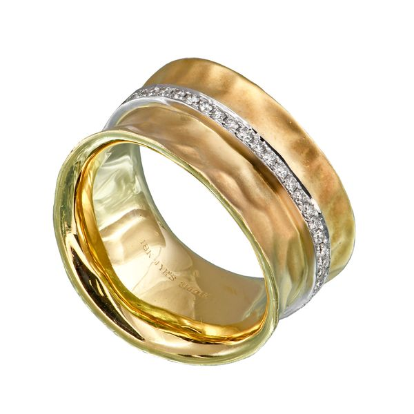 18K Yellow and White Gold Hammered Diamond Wide Fashion Band Confer’s Jewelers Bellefonte, PA