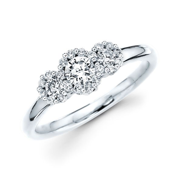 14K White Gold 3 Stone Diamond Ring With Diamond Halos Confer’s Jewelers Bellefonte, PA