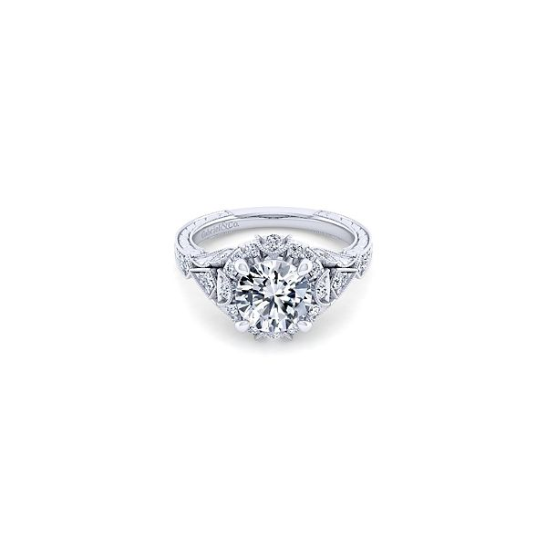 Unique 14K White Gold Vintage Inspired Diamond Halo Engagement Ring Confer’s Jewelers Bellefonte, PA