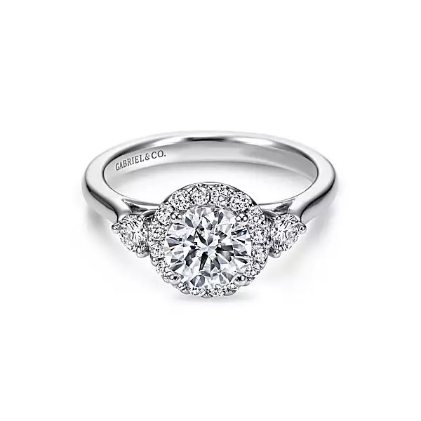14K White Gold Round Three Stone Halo Diamond Engagement Ring Confer’s Jewelers Bellefonte, PA