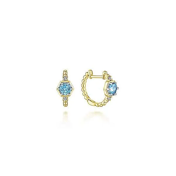 14K Yellow Gold 10mm Beaded Blue Topaz and Diamond Huggies Confer’s Jewelers Bellefonte, PA