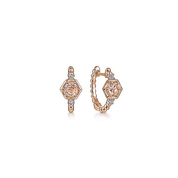 14K rose gold Morganite and Diamond Huggie earrings Confer’s Jewelers Bellefonte, PA