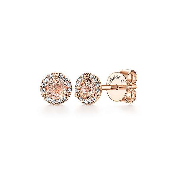14K Rose Gold Round Morganite and Diamond Halo Stud Earrings Confer’s Jewelers Bellefonte, PA