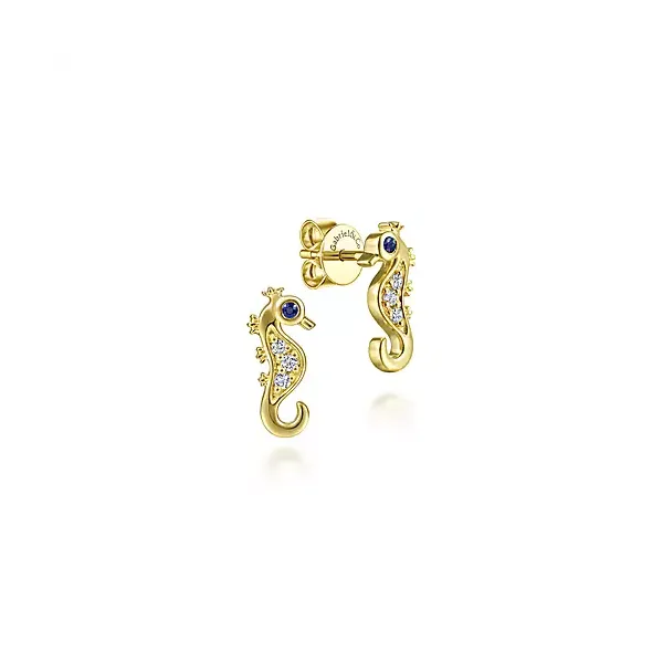 14K Yellow Gold Sapphire & Diamond & Seahorse Stud Ladies Earrings Confer’s Jewelers Bellefonte, PA