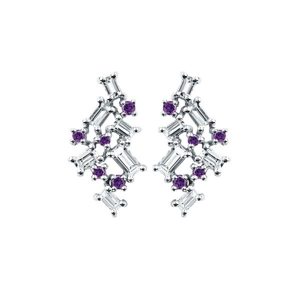14 Karat White Gold Purple And White Diamond Cascading Cluster Earrings Confer’s Jewelers Bellefonte, PA