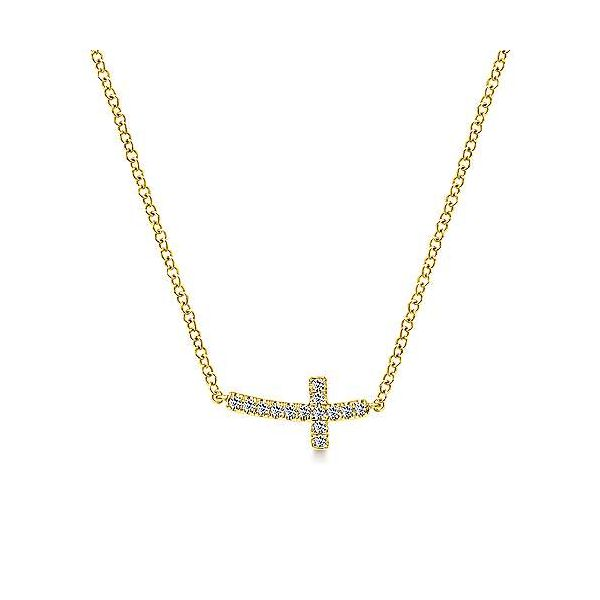 14K Yellow Gold Sideways Curved Diamond Cross Necklace Confer’s Jewelers Bellefonte, PA