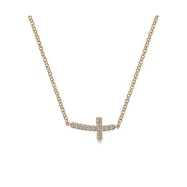 14K Rose Gold Sideways Curved Diamond Cross Necklace Confer’s Jewelers Bellefonte, PA