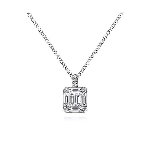14K White Gold Baguette and Round Diamond Square Pendant Necklace Confer’s Jewelers Bellefonte, PA