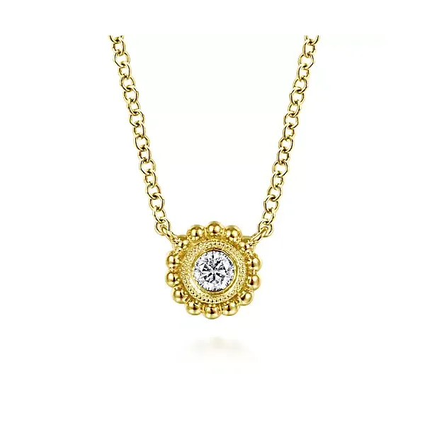 14K Yellow Gold Beaded Round Bezel Set Diamond Pendant Necklace Confer’s Jewelers Bellefonte, PA