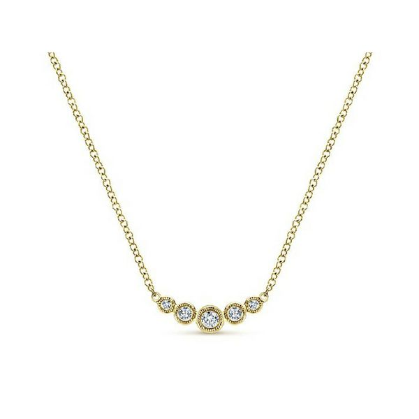 14K Yellow Gold Gabriel & Co Curved Round Diamond Bar Necklace Confer’s Jewelers Bellefonte, PA