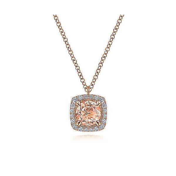 14K Rose Gold Round Morganite and Cushion Diamond Halo Pendant Necklace Confer’s Jewelers Bellefonte, PA