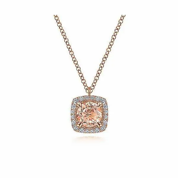 14K Rose Gold Round Morganite and Cushion Diamond Halo Pendant Necklace Confer’s Jewelers Bellefonte, PA