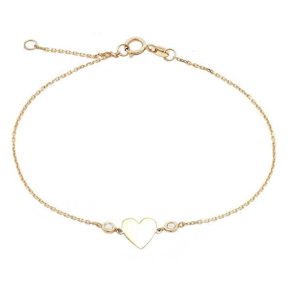 14 Karat Yellow Gold Heart Charm Bracelet With Round Bezel Set Diamonds Confer’s Jewelers Bellefonte, PA