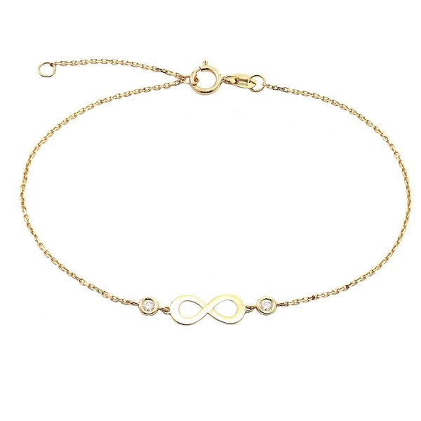 14 Karat Yellow Gold Infinity Charm Bracelet With Round Bezel Set Diamonds Confer’s Jewelers Bellefonte, PA