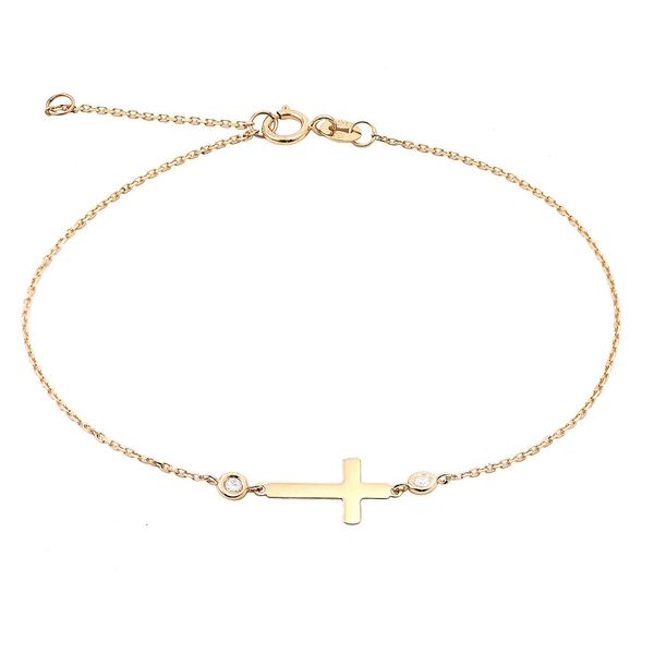 14 Karat Yellow Gold Cross Charm Bracelet With Round Bezel Set Diamonds Confer’s Jewelers Bellefonte, PA