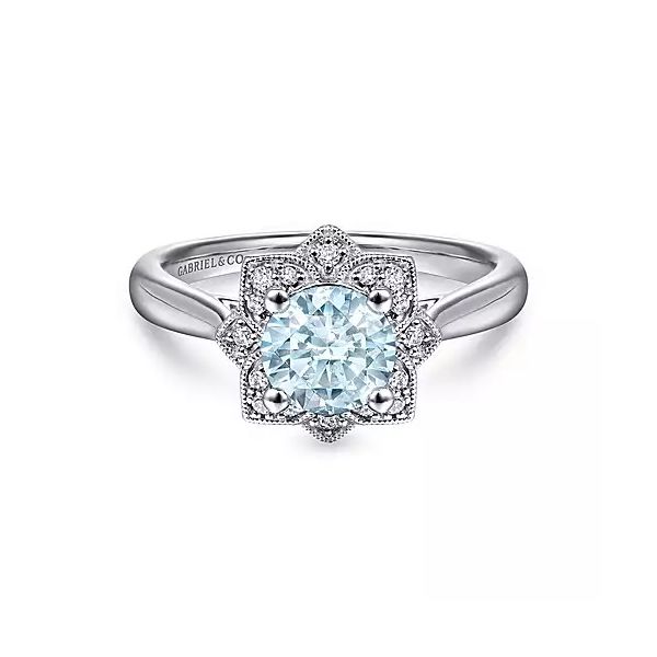 14K White Gold Flower Halo Aquamarine and Diamond Ring Confer’s Jewelers Bellefonte, PA
