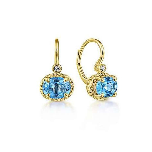 14K Yellow Gold Oval Swiss Blue Topaz and Diamond Drop Earrings Confer’s Jewelers Bellefonte, PA