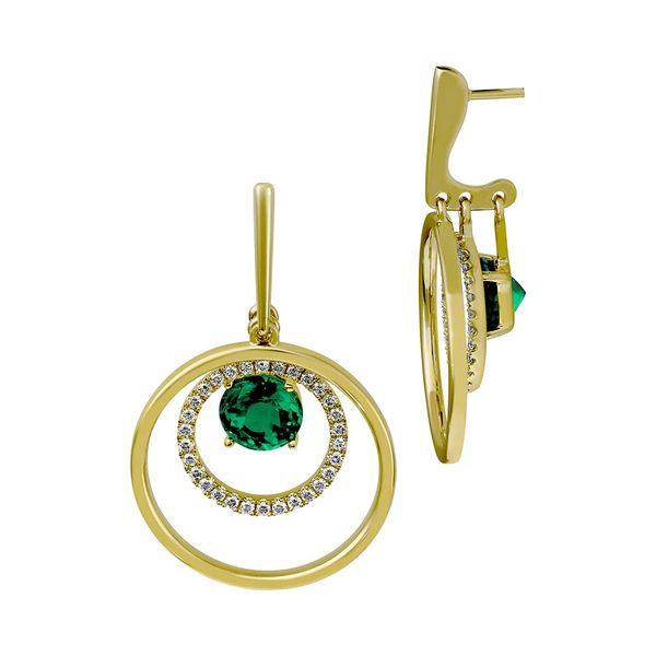 14 Karat Yellow Gold Created Emerald And Labratory Grown Double Circle Earrings Confer’s Jewelers Bellefonte, PA
