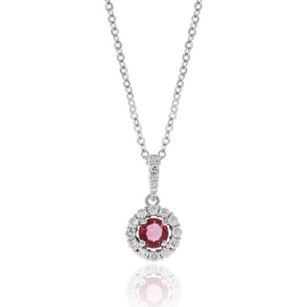 14K White Gold Ruby and Diamond Halo Pendant Confer’s Jewelers Bellefonte, PA