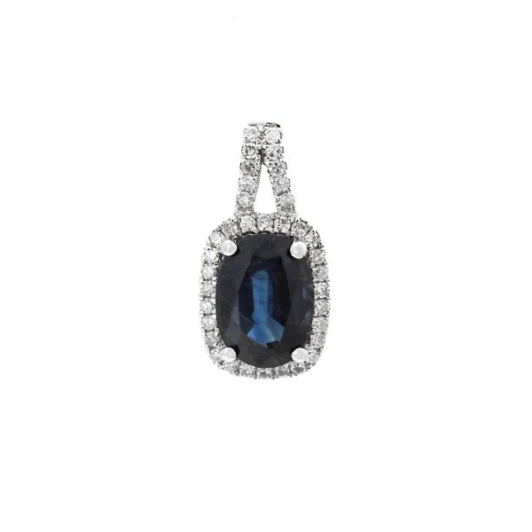 14 Karat White Gold Sapphire And Diamond Halo Pendant Confer’s Jewelers Bellefonte, PA