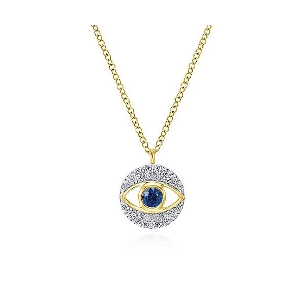 14K Yellow Gold Round Sapphire and Diamond Evil Eye Pendant Necklace Confer’s Jewelers Bellefonte, PA