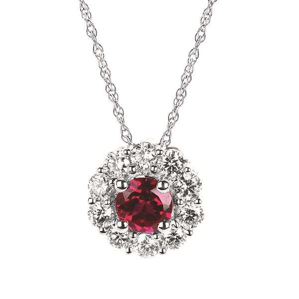 14 Karat White Gold Lab Grown Diamond Halo And Created Ruby Pendant Confer’s Jewelers Bellefonte, PA