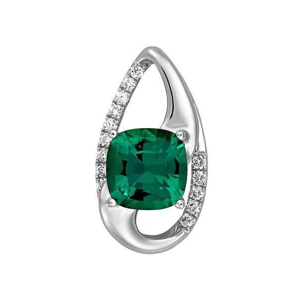 14 Karat White Gold Cushion Cut Created Emerald And Lab Grown Diamond Pendant Confer’s Jewelers Bellefonte, PA