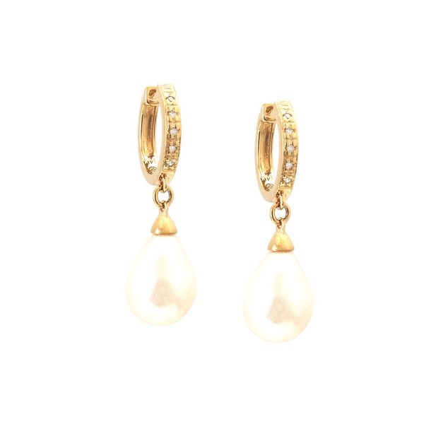 14K Yellow Gold Pearl And Diamond Drop Huggie Hoops Confer’s Jewelers Bellefonte, PA