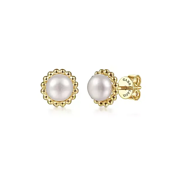 14K Yellow Gold Pearl with Beaded Frame Stud Earrings Confer’s Jewelers Bellefonte, PA
