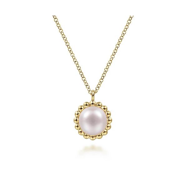 14K Yellow Gold Round Pearl Pendant Necklace with Bujukan Beaded Frame Confer’s Jewelers Bellefonte, PA