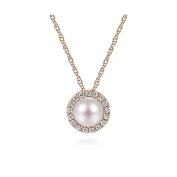 18 Inch 14K Rose Gold Pearl and Diamond Halo Pendant Necklace Confer’s Jewelers Bellefonte, PA