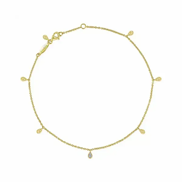 14K Yellow Gold Chain Ankle Bracelet with Hammered and Diamond Teardrops Confer’s Jewelers Bellefonte, PA