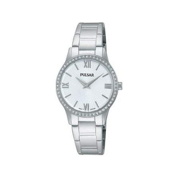 Ladies Silver Tone Pulsar Watch With Round White Patterned Face