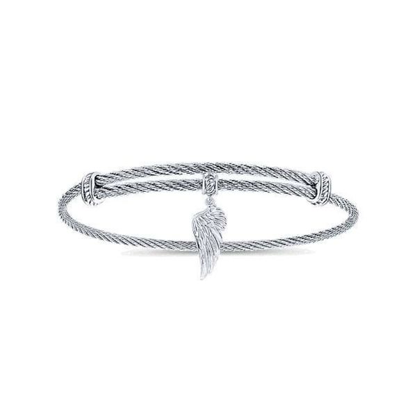 Adjustable Twisted Cable Stainless Steel Bangle with Sterling Silver Angel Wing Charm Confer’s Jewelers Bellefonte, PA