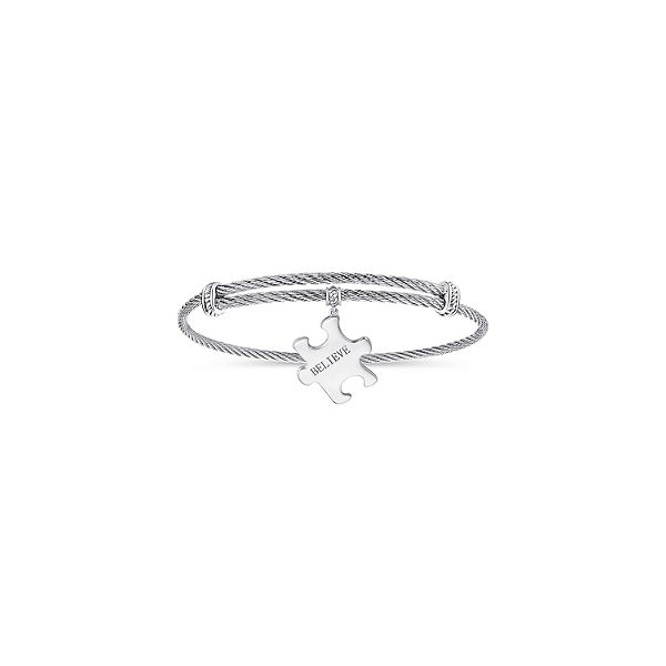 Twisted Cable Stainless Steel Bangle with Sterling Silver Believe Puzzle Piece Charm Confer’s Jewelers Bellefonte, PA