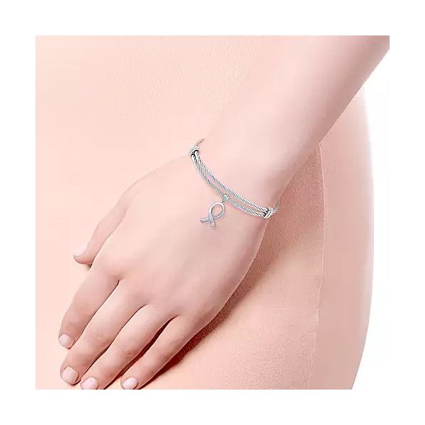 Adjustable Twisted Cable Stainless Steel Bangle with Sterling Silver Pink Zircon Breast Cancer Charm Image 2 Confer’s Jewelers Bellefonte, PA