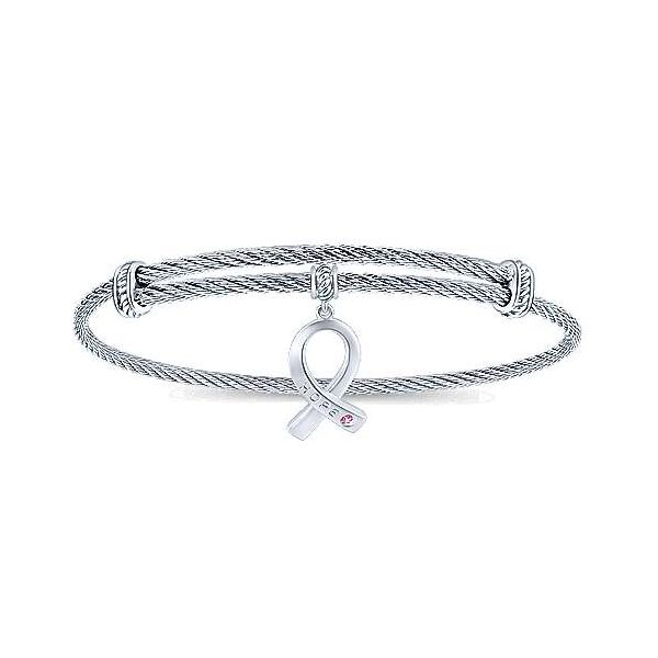 Adjustable Twisted Cable Stainless Steel Bangle with Sterling Silver Pink Zircon Breast Cancer Charm Confer’s Jewelers Bellefonte, PA