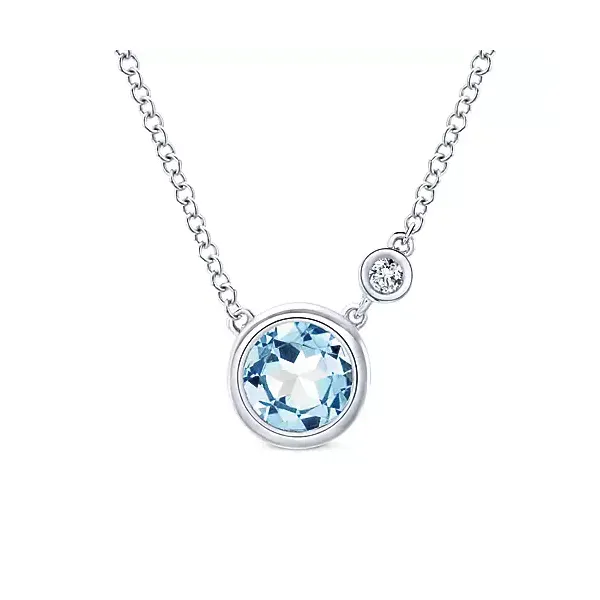 925 Sterling Silver Round Bezel Set Aquamarine and Diamond Pendant Necklace Confer’s Jewelers Bellefonte, PA