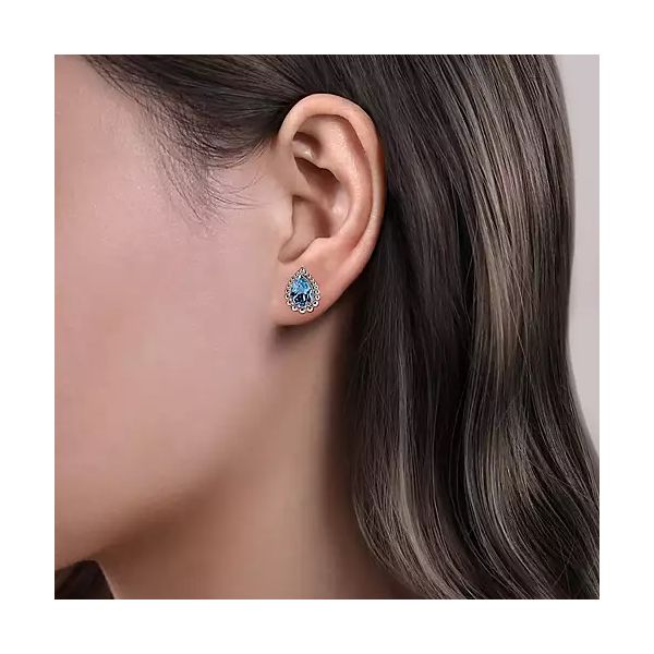 925 Sterling Silver Swiss Blue Topaz Bujukan Pear Shape Stud Earrings With Pattern Image 2 Confer’s Jewelers Bellefonte, PA