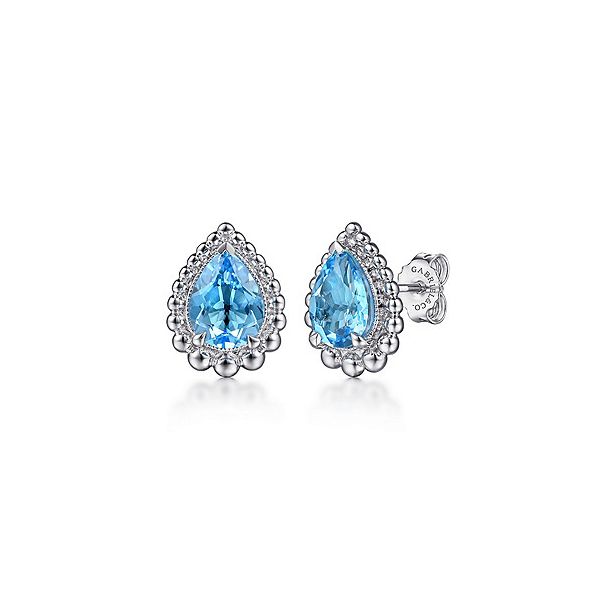 925 Sterling Silver Swiss Blue Topaz Bujukan Pear Shape Stud Earrings With Pattern Confer’s Jewelers Bellefonte, PA