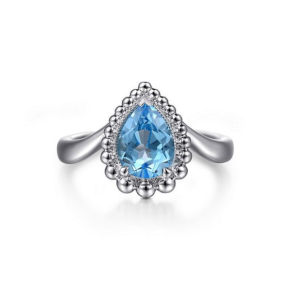 925 Sterling Silver Swiss Blue Topaz Bujukan Pear Shape V-Ring With Pattern Confer’s Jewelers Bellefonte, PA