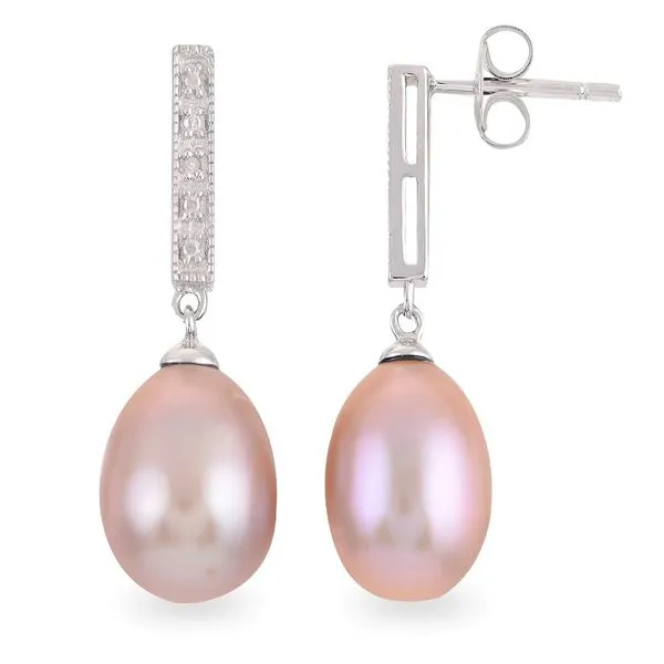 Sterling Silver 9-10MM Natural Pink Freshwater Cultured Pearl And Diamond Earrings Confer’s Jewelers Bellefonte, PA