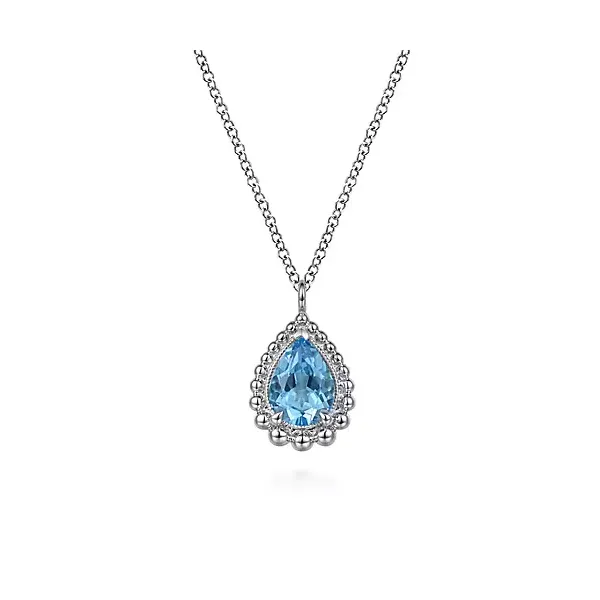 925 Sterling Silver Swiss Blue Topaz Bujukan Pear Shape Necklace With Pattern Confer’s Jewelers Bellefonte, PA