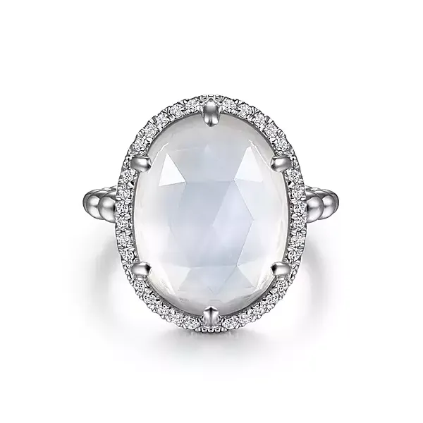 925 Sterling Silver White Sapphire, Rock Crystal and White Mother Of Pearl Oval Halo Ring Confer’s Jewelers Bellefonte, PA