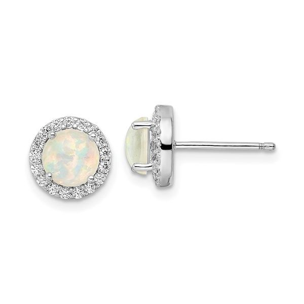 Sterling Silver Rhodium-plated White Created Opal and CZ Halo Post Earrings Confer’s Jewelers Bellefonte, PA